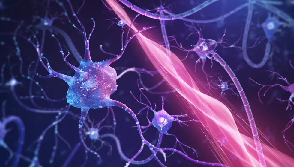 Computer-generated image of purple and blue neurons that are illuminated by twisting, neon pink strands that form a path of light.